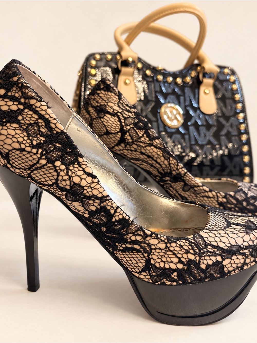 Bebe Black Lace Nude Platform Stiletto Pumps  9M